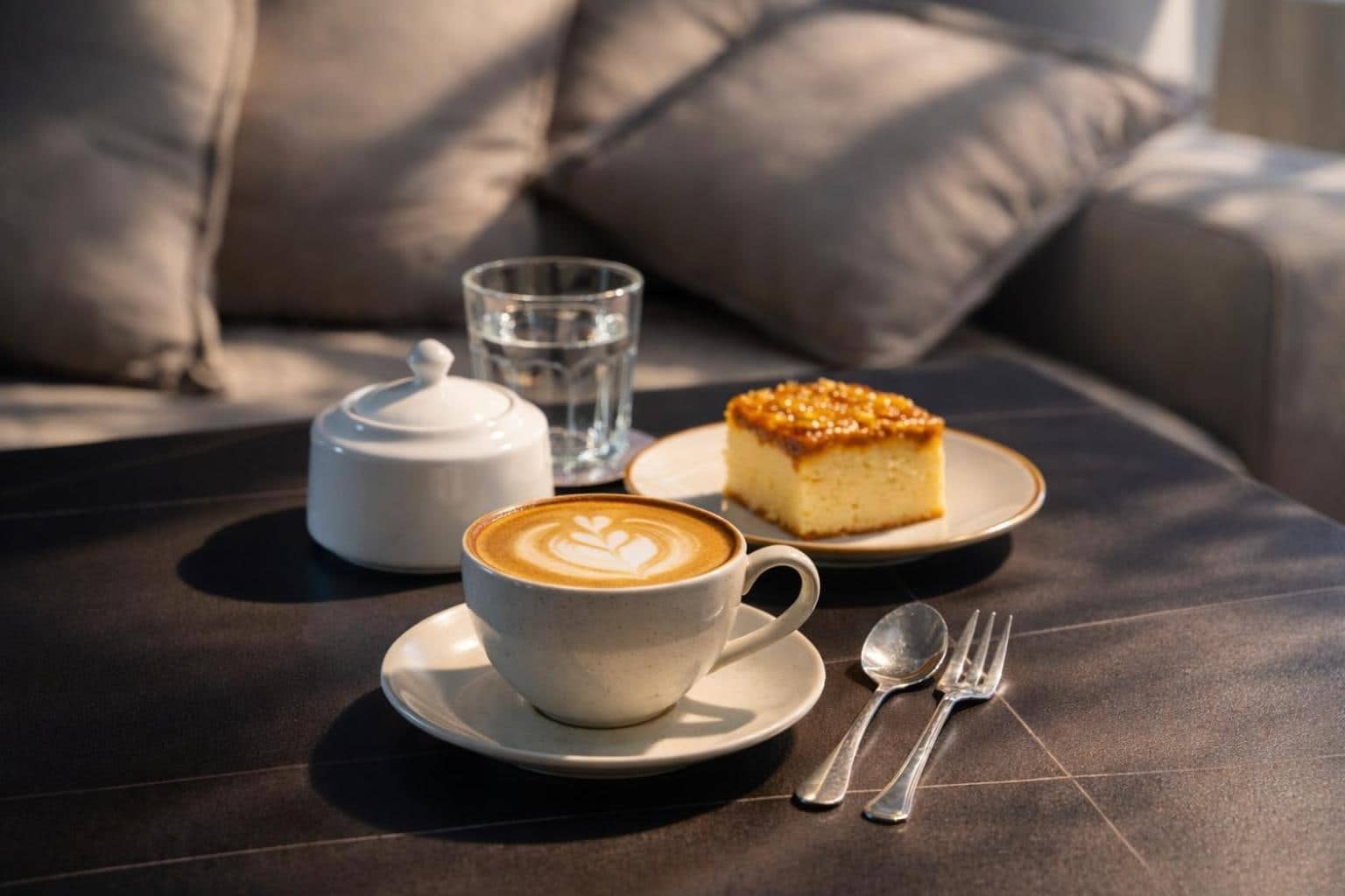 Cappuccino with latte art and a slice of butter cake