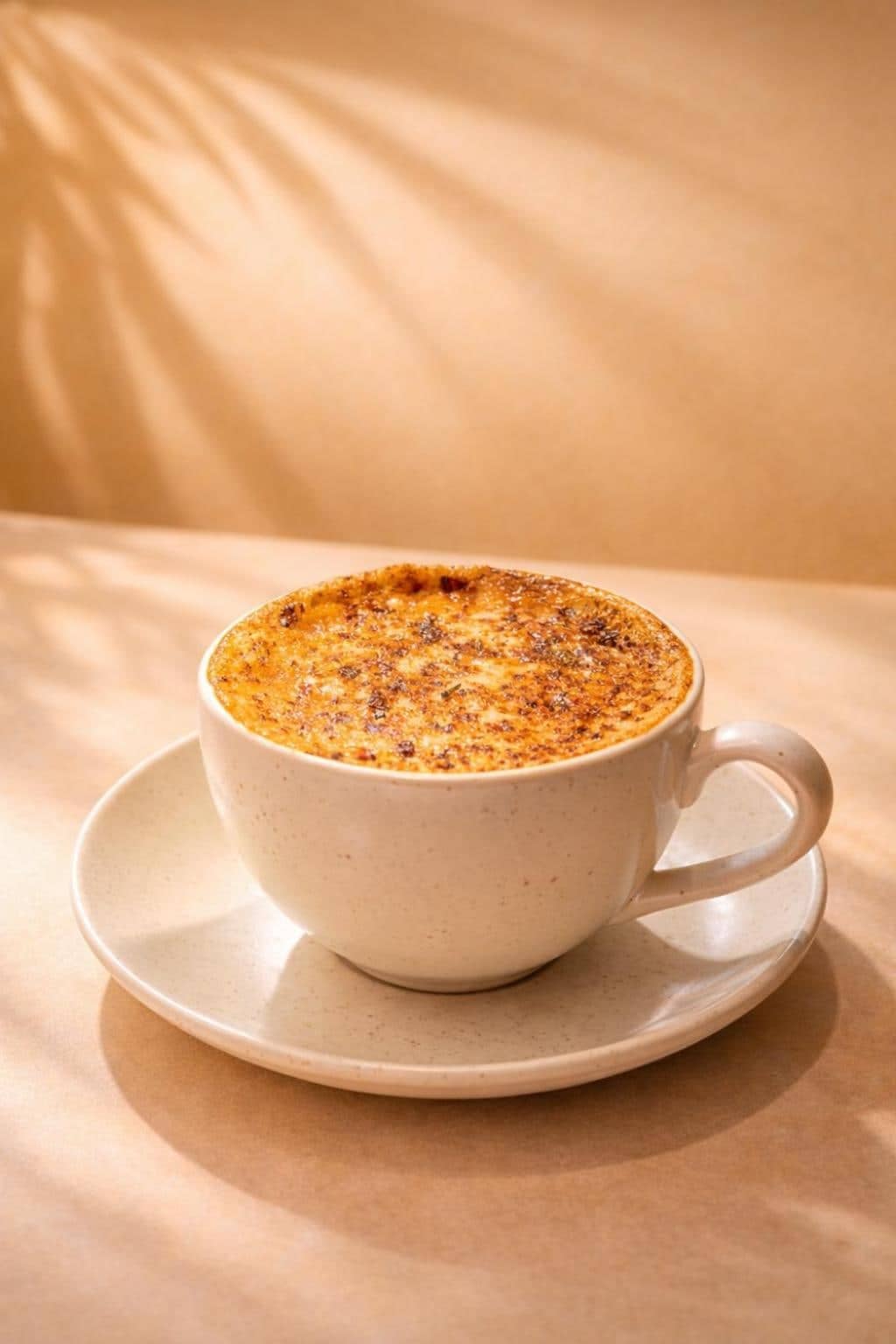 Caramel-topped coffee in a white cup in afternoon light