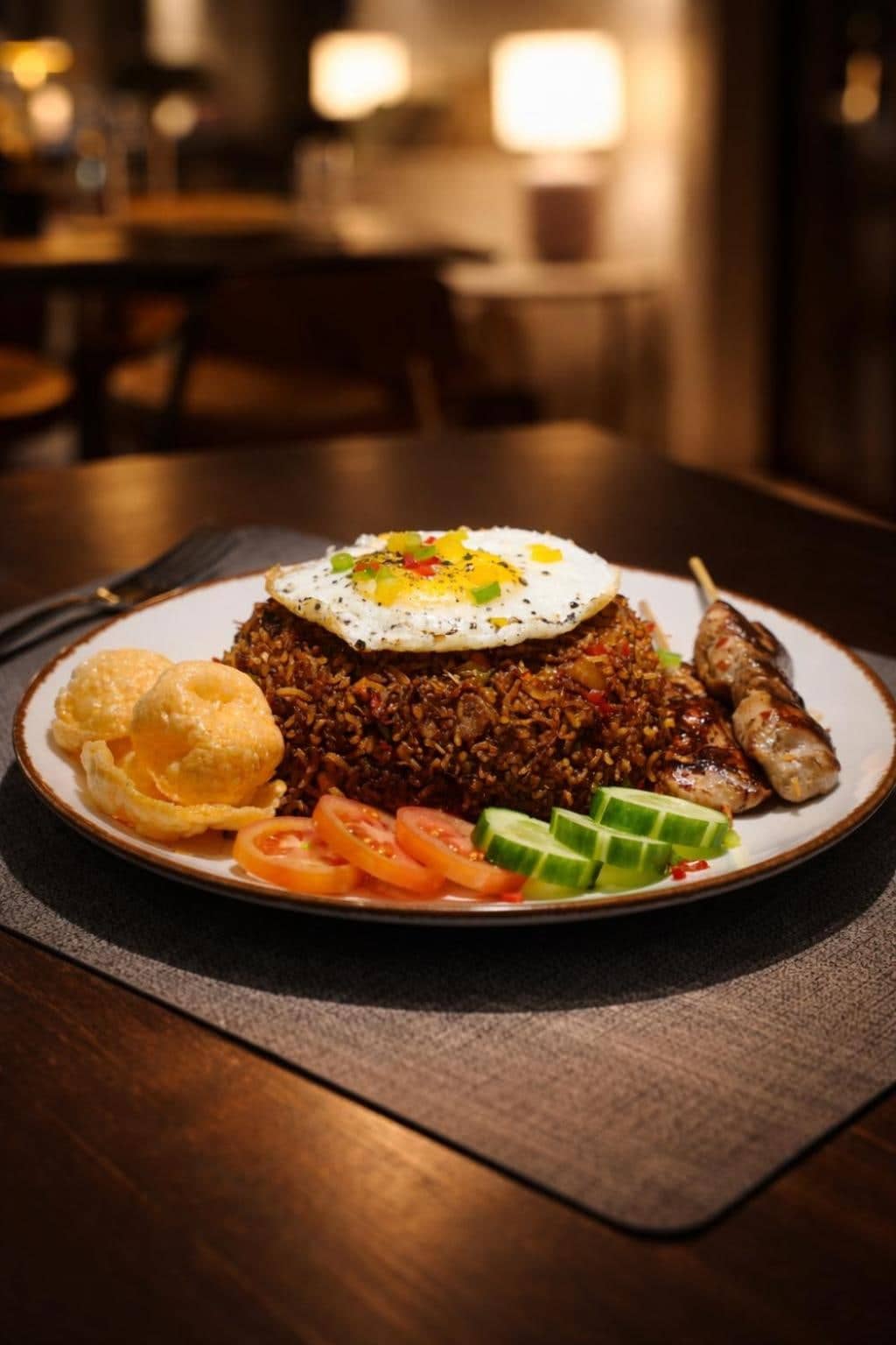Fried rice topped with a fried egg, served with sides