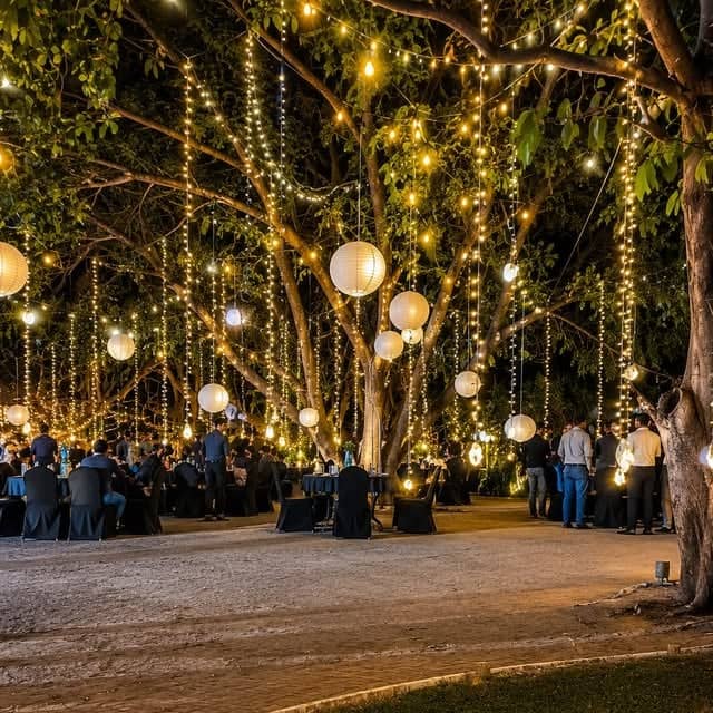 Guests dining under fairy-lit trees in the garden at night